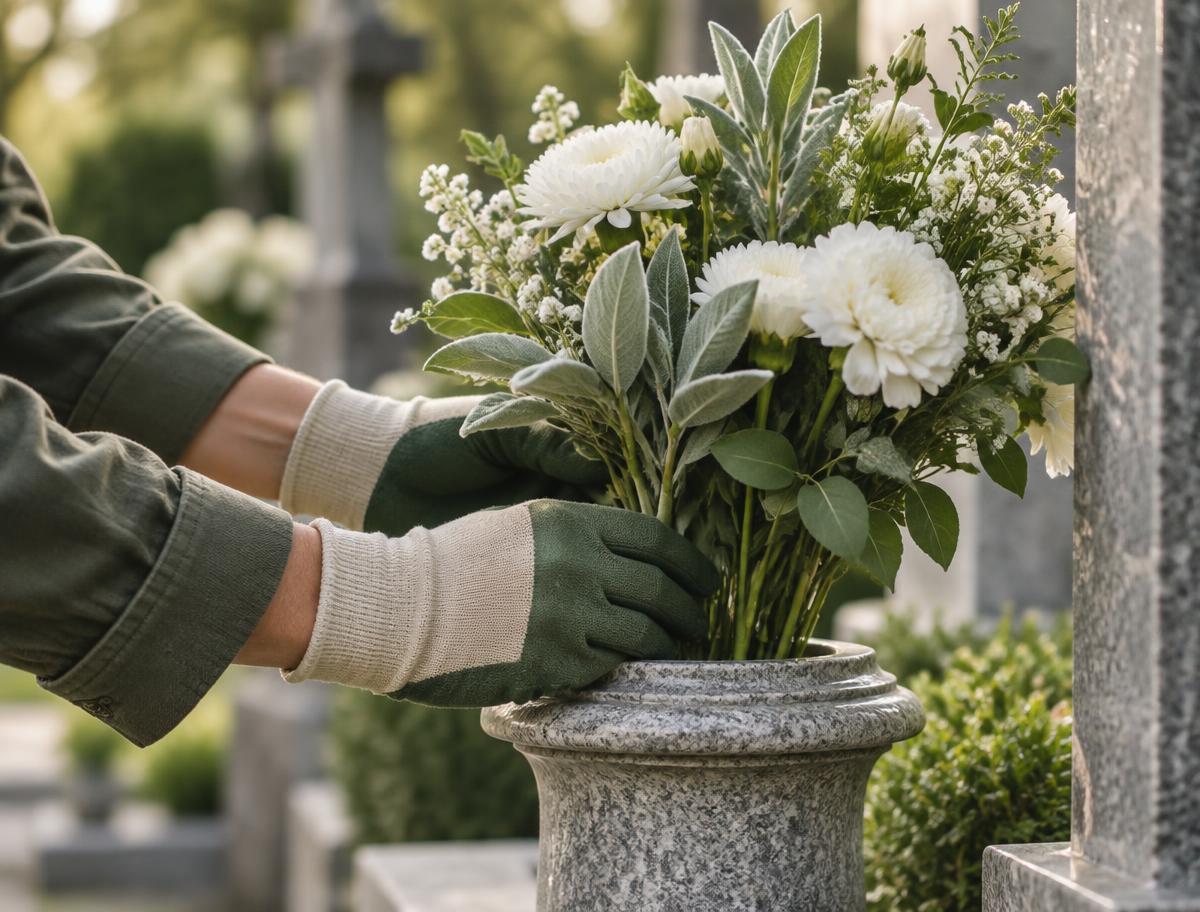 Händer med trädgårdshandskar som placerar vita blommor i en gravvas