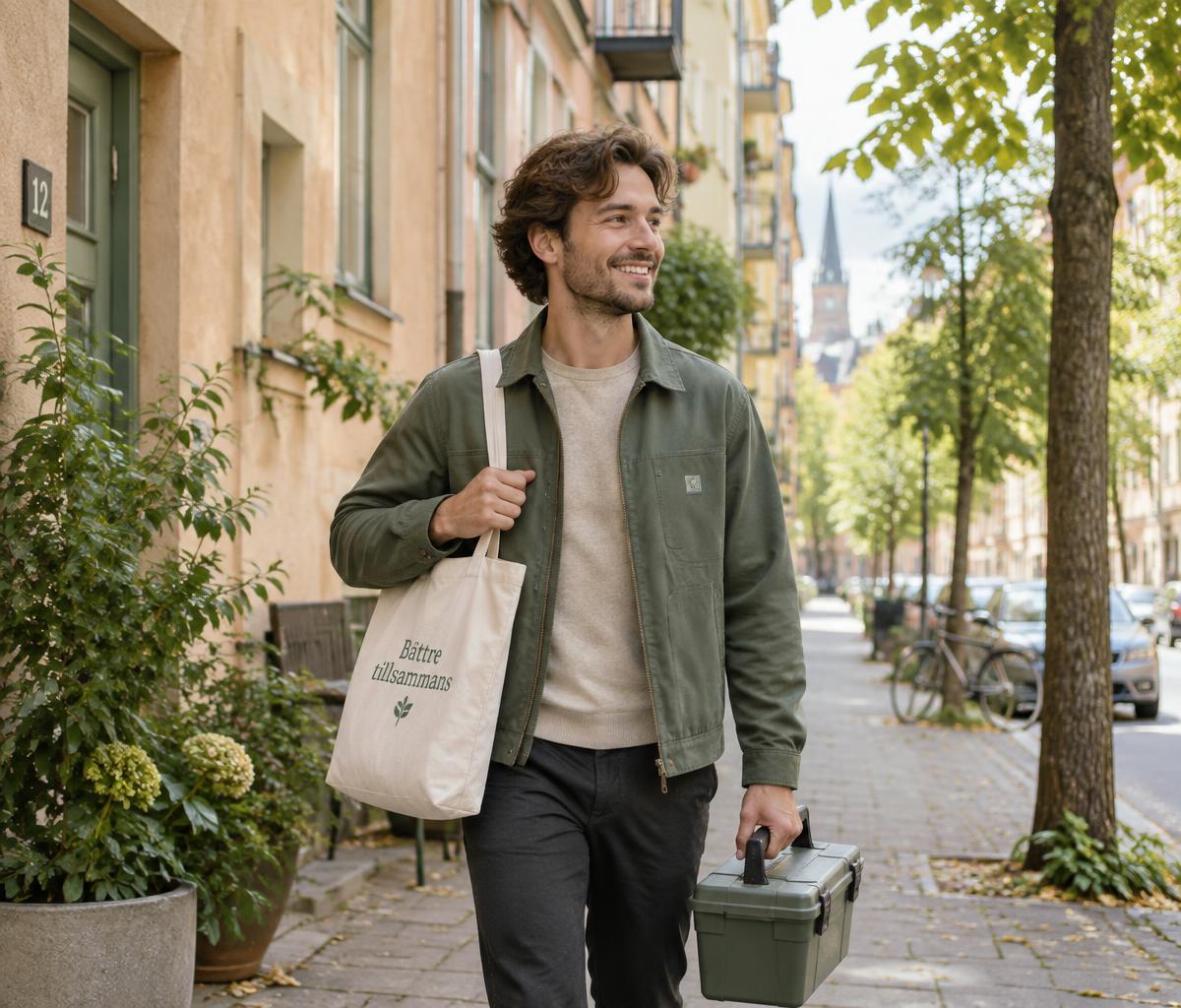 En hjälpare med tygkasse och verktygslåda på en grön Stockholmsgata